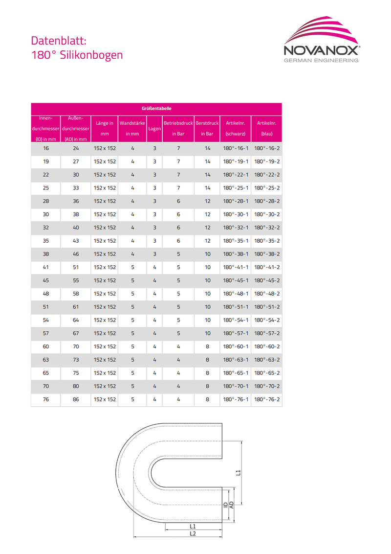 Laden Sie das Bild in Galerie -Viewer, Datenblatt mit technischer Zeichnung 180 Grad Silikonbogen