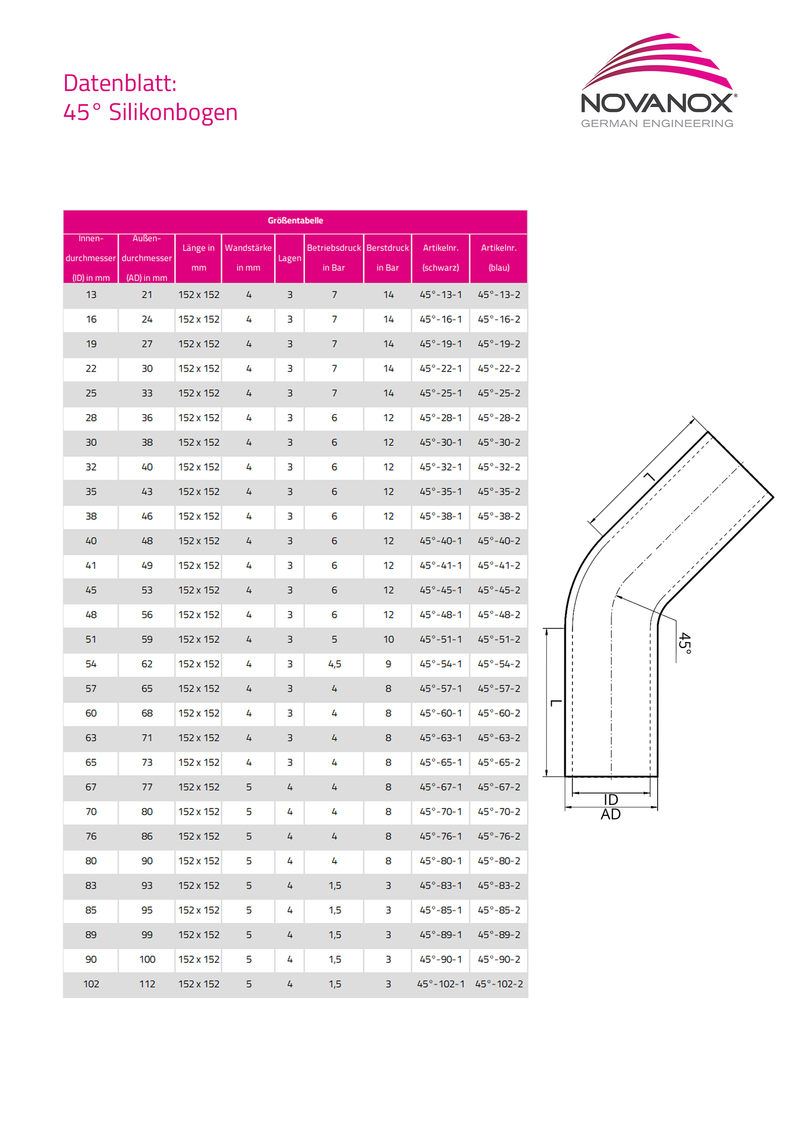 Laden Sie das Bild in Galerie -Viewer, Datenblatt und technische Zeichnung vom 45 Grad Silikonbogen