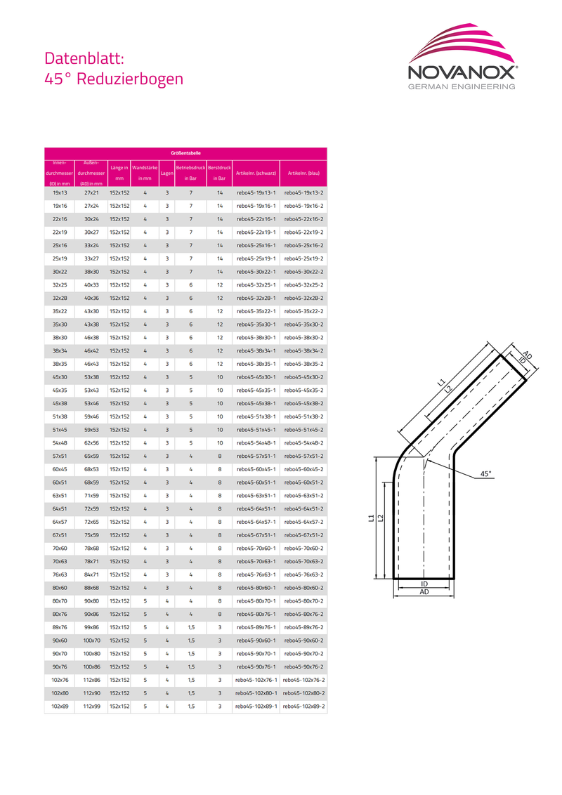 Laden Sie das Bild in Galerie -Viewer, Datenblatt und technische Zeichnung 45° Reduzierbogen