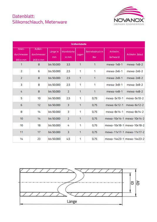 Unterdruckschlauch technische Zeichnung und Datenblatt
