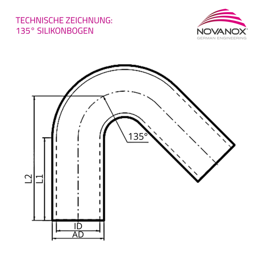 Technische Zeichnung 135 Grad Silikonbogen