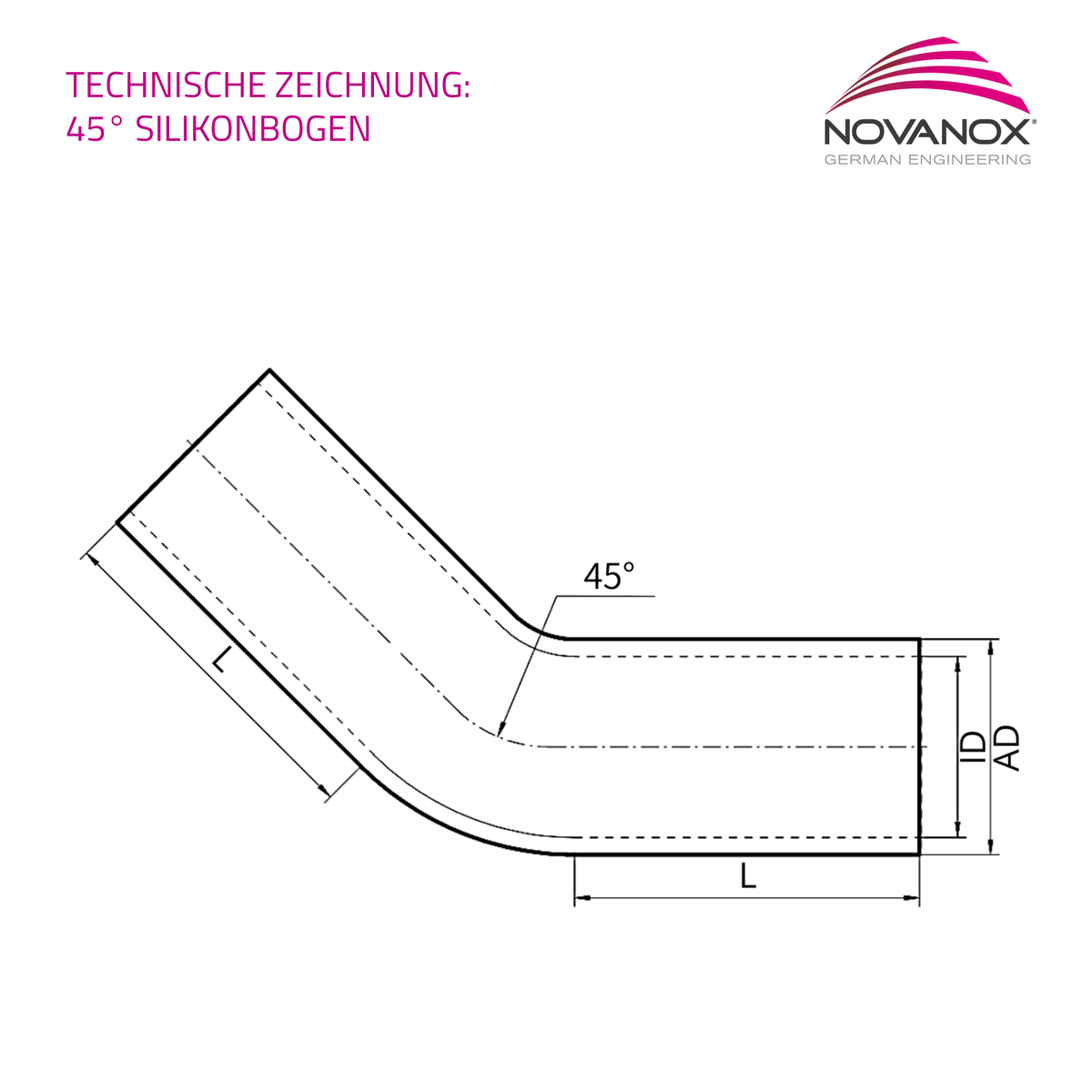 Technische Zeichnung 45 Grad Silikonbogen