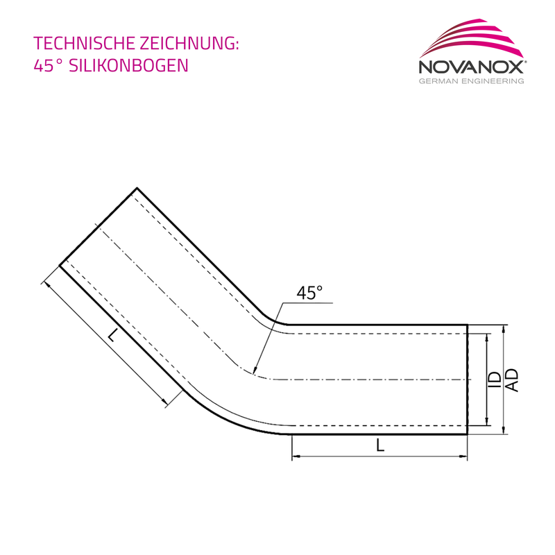 Load image into Gallery viewer, Technische Zeichnung 45 Grad Silikonbogen
