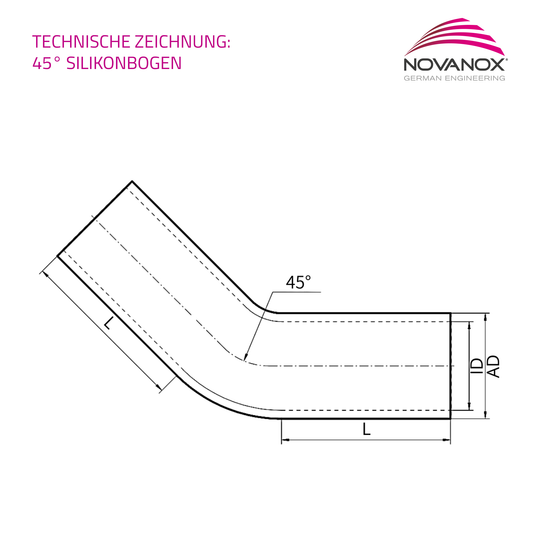 Technische Zeichnung 45 Grad Silikonbogen