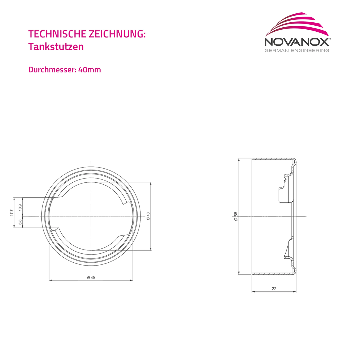 Technische Zeichnung Tankstutzen Edelstahl ID 40